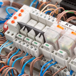 Closeup of electrical supplies in switchgear cabinet